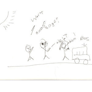 An image depicts stick figures of Marc and Jan waiting for a bus as another stick figure approaches them on a sunny day. The stranger asks Marc if he wants a massage as Marc replies "Help me?" and Jan laughs.