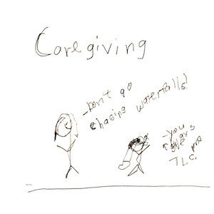 An image depicting two stick figures of Marc and Jan stand together. Marc says, "You give me lots of TLC" and Jan replies "Don't go chasing waterfalls!" Caregiving is also written above the scene.