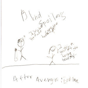 An image depicting a stick figure of Marc saying "I'm glad that Fred and Charlotte hooked up!” Jan’s stick figure replies, "I think you got the wrong headset.” "After Avengers: end Game" is written below the scene while "Blind Spoilers" is written above it.