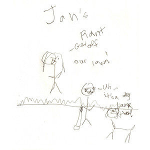 An image depicts stick figures of Marc and Jan standing in the grass. Jan yells "Get off our lawn!" and Marc responds, "Um... it's a dog." On the right side of the image, a stick figure dog says "Bark Woof!" Jan's Rant is written above the scene.