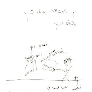 An image depicts Yoda saying, "You must unlearn what you have learned." On the right side, a stick figure of Marc holds his white cane in the air like a lightsaber as it glows. "Yo da man, Yoda!" is written in big letters above the scene.