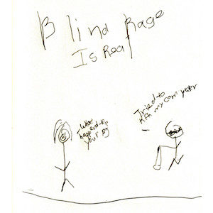 An image depicts a stick figure of Jan on the left side asking, "What happened to your leg?" A stick figure of Marc stands with a crooked leg on the right and replies, "I tried to kick my computer." The words "Blind Rage Is Real" are written in big letters above the scene.