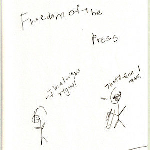 An image depicts a stick figure of Jan saying, "I'm always right!" On the right side, a stick figure of Marc replies, "That's fake news!" The words "Freedom Of The Press" are written in big letters above the scene.