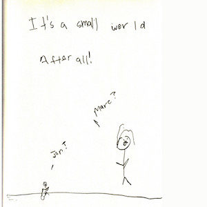 An image depicts a mouse-sized stick figure of Marc on the left side saying, "Jan?" On the right side, a normal-sized stick figure of Jan replies, "Marc?" The words "It's a small world after all" are written in big letters above the scene.