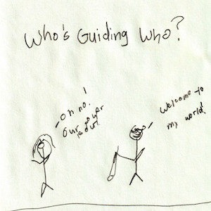 An image depicts a stick figure of Jan on the left saying "Oh no! The power is out!" to the right, a stick figure of Marc wears his sunglasses and holds his white cane while replying, "Welcome to my world!" The phrase "Who's Guiding Who?" is written in big letters above the scene.