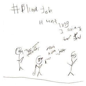 An image depicts stick figures of Marc and Jan on the left. Jan says "“that moose job is getting away” and Marc, holding a gun, says "Hasta la vista, jobby." The stick figure of a man on the right replies, “I said I’m from MooseJaw!" The words "Blind Job Hunting" are written in big letters above the scene.