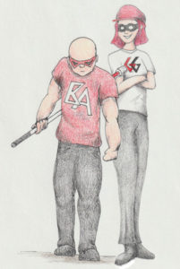 Marc is wearing a red mask, with a red shirt with the letters BA on it. He's also holding his cane like a weapon, ready to strike. Jan, however, has her arms crossed. She's sporting a red cap, red hair and a red mask. She also has a white shirt with a Red G and a black G on it. Both heroes are wearing black jeans and black shoes.