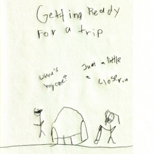 An image depicts a stick figure of Marc wearing his sunglasses on the left as he asks, "Where's my cane?" A couch has been moved in front of him and a stick figure of Jan stands with his white cane on the other side. She responds, "Just a little bit closer..."  The words "Getting Ready For A Trip" are written in big letters above the scene.