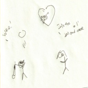 An image depicts a stick figure of Marc wearing sunglasses on the left. He's holding his white cane, throwing a ball in the air and saying "Wee!" On the right, a stick figure of Jan says, "It's the ol' ball and cane." A heart with "Marc + Jan" written in bigger letters inside is above the scene.